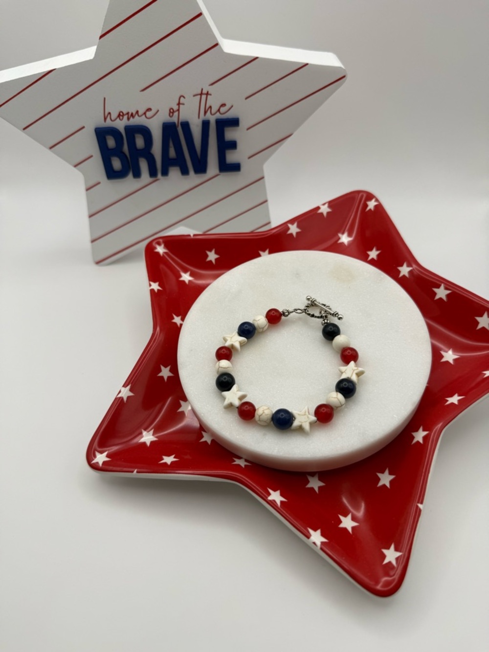 Americana Lapis & Red Jade Bracelet w/ Howlite Stars Patriotic Handmade Jewelry